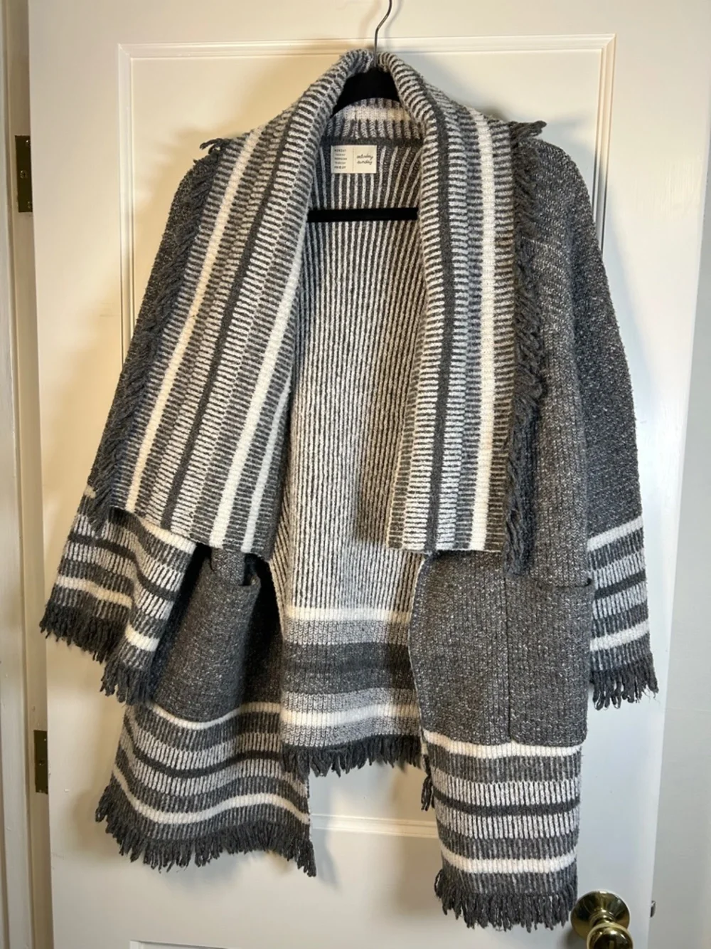 Anthro saturday sunday Kimono fringe cardigan Grey/cream Up TO XL Cozi boho
